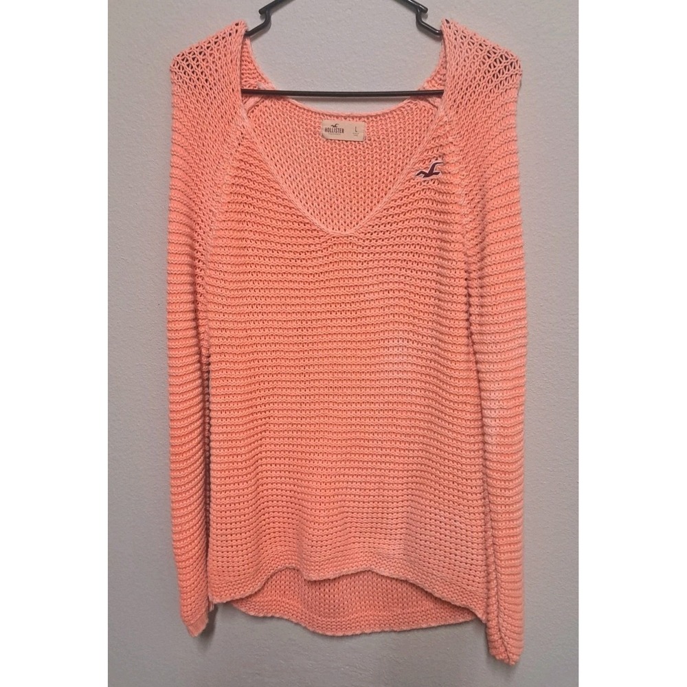 Hollister California Women's Knit Sweater Coral Pink V Neck Long Sleeve Size L
